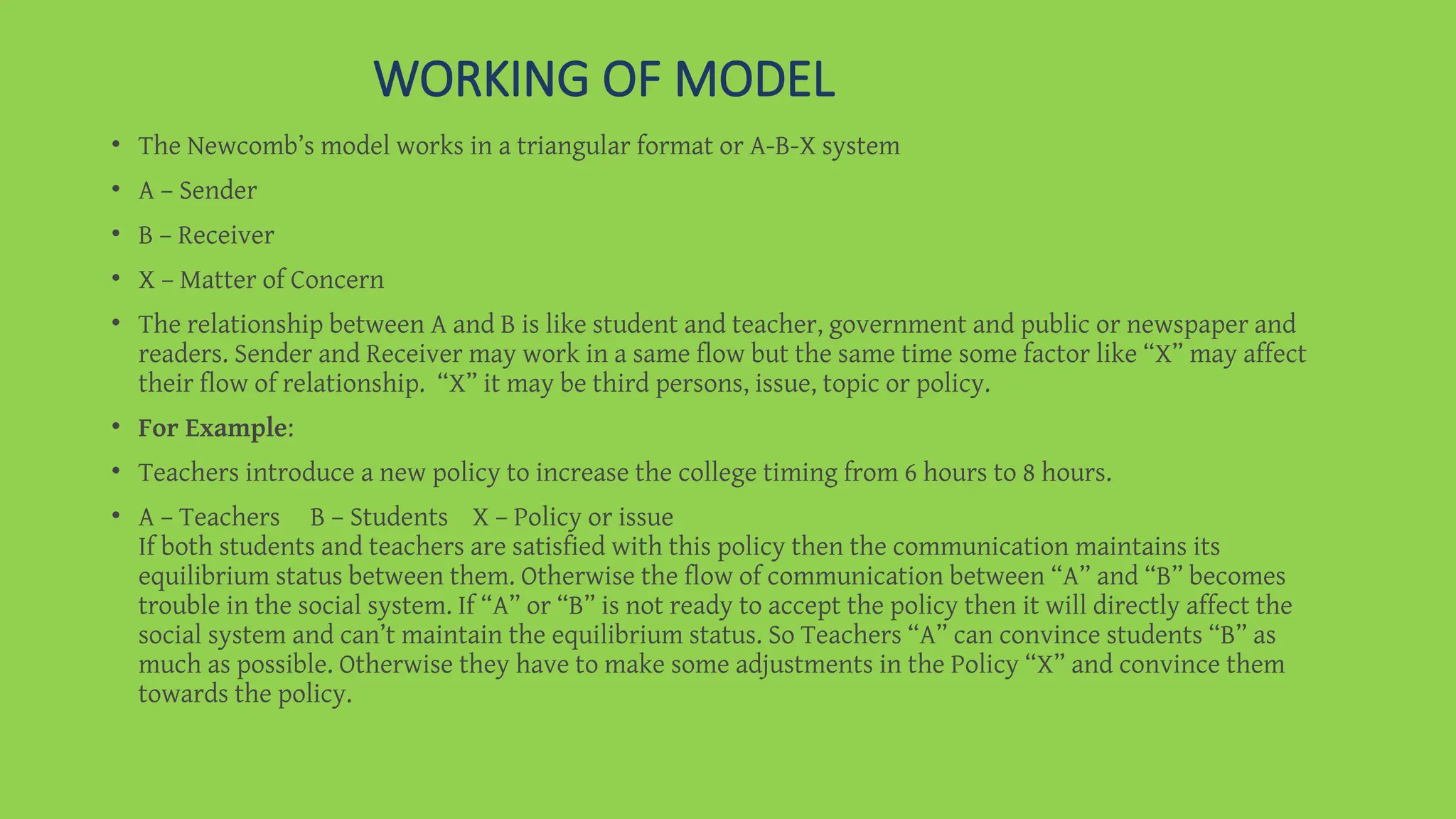 WORKING OF MODEL
• The Newcomb’s model works in a triangular format or A-B-X system
• A – Sender
• B – Receiver
• X – Matter of Concern
• The relationship between A and B is like student and teacher, government and public or newspaper and
readers. Sender and Receiver may work in a same flow but the same time some factor like “X” may affect
their flow of relationship. “X” it may be third persons, issue, topic or policy.
• For Example:
• Teachers introduce a new policy to increase the college timing from 6 hours to 8 hours.
• A – Teachers B – Students X – Policy or issue
If both students and teachers are satisfied with this policy then the communication maintains its
equilibrium status between them. Otherwise the flow of communication between “A” and “B” becomes
trouble in the social system. If “A” or “B” is not ready to accept the policy then it will directly affect the
social system and can’t maintain the equilibrium status. So Teachers “A” can convince students “B” as
much as possible. Otherwise they have to make some adjustments in the Policy “X” and convince them
towards the policy.
 