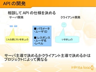 API の開発
サーバ開発 クライアント開発
■ パラメータ
・ユーザ ID
■ レスポンス
・ユーザ名
・レベル
相談して API の仕様を決める
こんな感じでいきましょう いきましょう
サーバ主導で決めるかクライアント主導で決めるかは
プロジェクトによって異なる
 