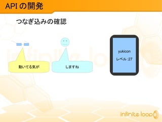 API の開発
つなぎ込みの確認
動いてる気が しますね
yukicon
レベル :27
 
