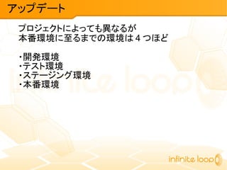 プロジェクトによっても異なるが
本番環境に至るまでの環境は 4 つほど
・開発環境
・テスト環境
・ステージング環境
・本番環境
アップデート
 