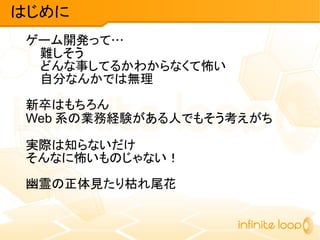ゲーム開発って…
難しそう
どんな事してるかわからなくて怖い
自分なんかでは無理
新卒はもちろん
Web 系の業務経験がある人でもそう考えがち
実際は知らないだけ
そんなに怖いものじゃない！
幽霊の正体見たり枯れ尾花
はじめに
 