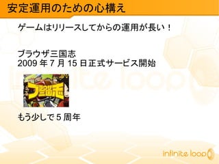 ゲームはリリースしてからの運用が長い！
ブラウザ三国志
2009 年 7 月 15 日正式サービス開始
もう少しで 5 周年
安定運用のための心構え
 
