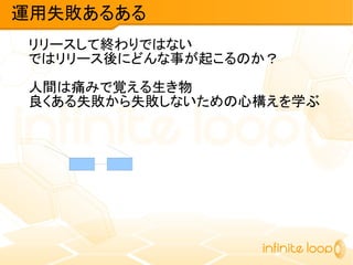 リリースして終わりではない
ではリリース後にどんな事が起こるのか？
人間は痛みで覚える生き物
良くある失敗から失敗しないための心構えを学ぶ
運用失敗あるある
 