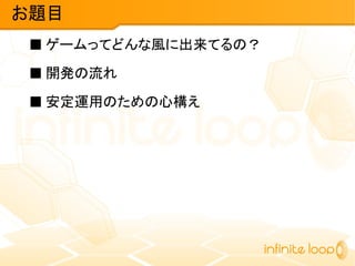 ■ ゲームってどんな風に出来てるの？
■ 開発の流れ
■ 安定運用のための心構え
お題目
 