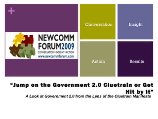 +
“Jump on the Government 2.0 Cluetrain or Get
Hit by It”
A Look at Government 2.0 from the Lens of the Cluetrain Manifesto
Conversation Insight
Action Results
 