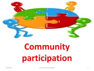 Community participaion

             Community
             participation
1/5/2012           community participation   1
 