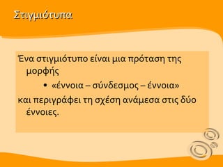 Στιγμιότυπα Ένα στιγμιότυπο είναι μια πρόταση της   μορφής  «έννοια – σύνδεσμος – έννοια»  και περιγράφει τη σχέση ανάμεσα στις δύο έννοιες.  