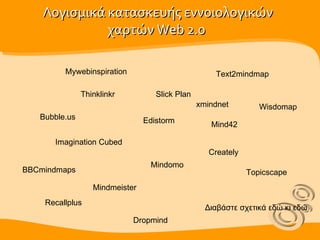 Λογισμικά κατασκευής εννοιολογικών χαρτών  Web 2.0  Διαβάστε σχετικά  εδώ  κι  εδώ  Thinklinkr Slick Plan Imagination Cubed Edistorm  Mind42 Mindmeister Mindomo  Bubble.us Creately  Text2mindmap BBCmindmaps Mywebinspiration Wisdomap Dropmind  Recallplus xmindnet  Topicscape  