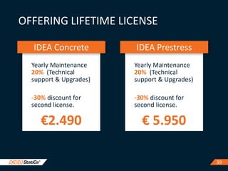 3939
OFFERING LIFETIME LICENSE
IDEA Concrete
Yearly Maintenance
20% (Technical
support & Upgrades)
-30% discount for
second license.
€2.490
IDEA Prestress
Yearly Maintenance
20% (Technical
support & Upgrades)
-30% discount for
second license.
€ 5.950
 