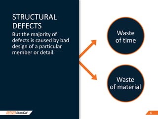 66
STRUCTURAL
DEFECTS
But the majority of
defects is caused by bad
design of a particular
member or detail.
Waste
of time
Waste
of material
 