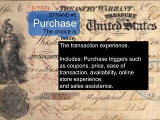 Purchase
The transaction experience.
Includes: Purchase triggers such
as coupons, price, ease of
transaction, availability, online
store experience,
and sales assistance.
STRAND #5
The choice is
made.
 