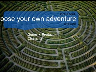 hoose your own adventure
Genre • Product •
Character
Pick a card,
any card
 