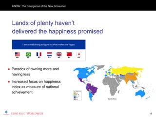 KNOW: The Emergence of the New Consumer




  Lands of plenty haven’t
  delivered the happiness promised
         I am actively trying to figure out what makes me happy




    48       75         53         33        42         64        41




● Paradox of owning more and
  having less
● Increased focus on happiness
  index as measure of national
  achievement




                                                                       17
 