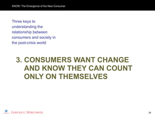KNOW: The Emergence of the New Consumer




Three keys to
understanding the
relationship between
consumers and society in
the post-crisis world



  3. CONSUMERS WANT CHANGE
     AND KNOW THEY CAN COUNT
     ONLY ON THEMSELVES



                                          28
 