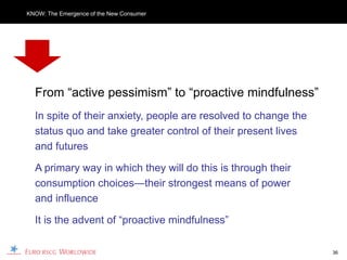 KNOW: The Emergence of the New Consumer




  From “active pessimism” to “proactive mindfulness”
  In spite of their anxiety, people are resolved to change the
  status quo and take greater control of their present lives
  and futures

  A primary way in which they will do this is through their
  consumption choices—their strongest means of power
  and influence

  It is the advent of “proactive mindfulness”

                                                                 36
 