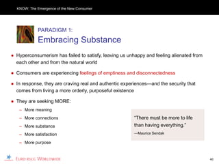 KNOW: The Emergence of the New Consumer




            PARADIGM 1:
            Embracing Substance
● Hyperconsumerism has failed to satisfy, leaving us unhappy and feeling alienated from
  each other and from the natural world

● Consumers are experiencing feelings of emptiness and disconnectedness

● In response, they are craving real and authentic experiences—and the security that
  comes from living a more orderly, purposeful existence

● They are seeking MORE:
   – More meaning
   – More connections                                   “There must be more to life
   – More substance                                     than having everything.”
   – More satisfaction                                  —Maurice Sendak

   – More purpose


                                                                                          40
 