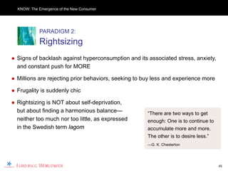 KNOW: The Emergence of the New Consumer




            PARADIGM 2:
            Rightsizing
● Signs of backlash against hyperconsumption and its associated stress, anxiety,
  and constant push for MORE

● Millions are rejecting prior behaviors, seeking to buy less and experience more

● Frugality is suddenly chic

● Rightsizing is NOT about self-deprivation,
  but about finding a harmonious balance—             “There are two ways to get
  neither too much nor too little, as expressed       enough: One is to continue to
  in the Swedish term lagom                           accumulate more and more.
                                                      The other is to desire less.”
                                                      —G. K. Chesterton




                                                                                      45
 