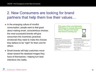 KNOW: The Emergence of the New Consumer




  2. New Consumers are looking for brand
  partners that help them live their values…
● In the emerging culture of mindful
  consumption, people want to feel good
  about making smart, conscientious choices;
  the most successful brands will give
  consumers the incentives (practical,
  emotional) they need to make the choices
  they believe to be “right” for them and for
  others

● Smart brands will help customers move
  closer toward the idealized images they
  have of themselves—helping turn best
  intentions into reality



                                                66
 