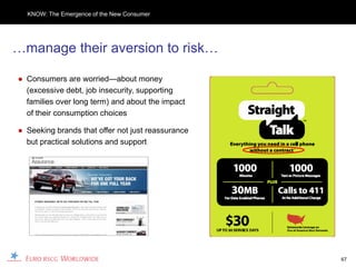 KNOW: The Emergence of the New Consumer




…manage their aversion to risk…

● Consumers are worried—about money
  (excessive debt, job insecurity, supporting
  families over long term) and about the impact
  of their consumption choices

● Seeking brands that offer not just reassurance
  but practical solutions and support




                                                   67
 