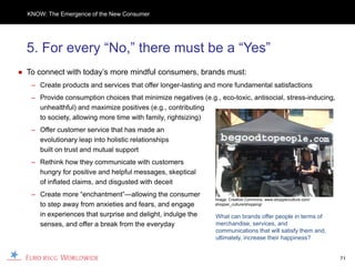 KNOW: The Emergence of the New Consumer




  5. For every “No,” there must be a “Yes”
● To connect with today’s more mindful consumers, brands must:
   – Create products and services that offer longer-lasting and more fundamental satisfactions
   – Provide consumption choices that minimize negatives (e.g., eco-toxic, antisocial, stress-inducing,
     unhealthful) and maximize positives (e.g., contributing
     to society, allowing more time with family, rightsizing)
   – Offer customer service that has made an
     evolutionary leap into holistic relationships
     built on trust and mutual support
   – Rethink how they communicate with customers
     hungry for positive and helpful messages, skeptical
     of inflated claims, and disgusted with deceit
   – Create more “enchantment”—allowing the consumer
                                                               Image: Creative Commons, www.shopperculture.com/
     to step away from anxieties and fears, and engage         shopper_culture/shopping/

     in experiences that surprise and delight, indulge the     What can brands offer people in terms of
     senses, and offer a break from the everyday               merchandise, services, and
                                                               communications that will satisfy them and,
                                                               ultimately, increase their happiness?


                                                                                                                  71
 
