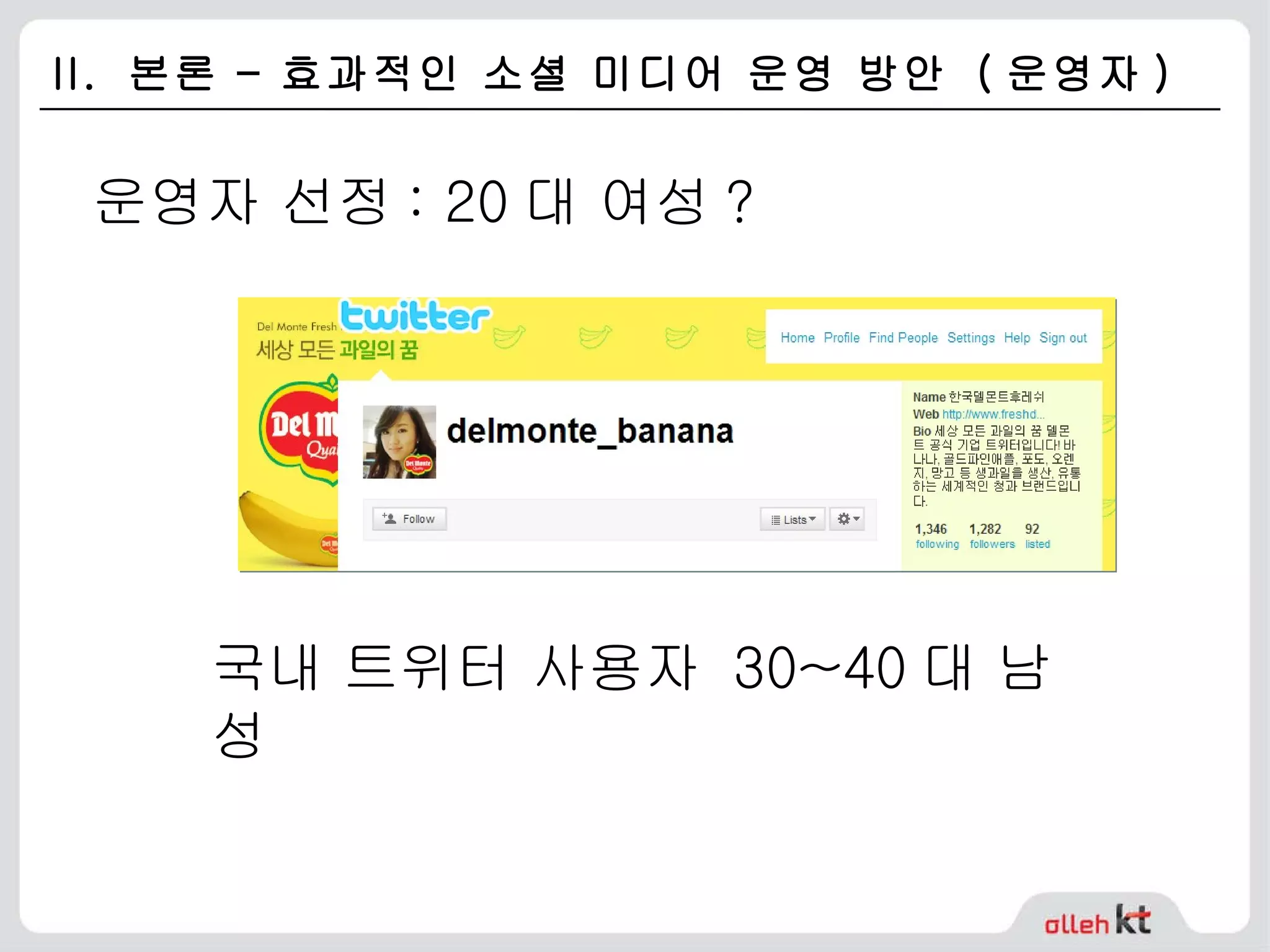 II.  본론 – 효과적인 소셜 미디어 운영 방안  ( 운영자 ) 운영자 선정 : 20 대 여성 ? 국내 트위터 사용자  30~40 대 남성 