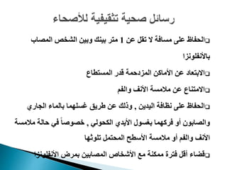 ‫عن‬ ‫تقل‬ ‫ال‬ ‫مسافة‬ ‫على‬ ‫الحفاظ‬1‫المصاب‬ ‫الشخص‬ ‫وبين‬ ‫بينك‬ ‫متر‬
‫باألنفلونز‬‫ا‬
‫المستطاع‬ ‫قدر‬ ‫المزدحمة‬ ‫األماكن‬ ‫عن‬ ‫االبتعاد‬
‫والفم‬ ‫األنف‬ ‫مالمسة‬ ‫عن‬ ‫االمتناع‬
‫اليدين‬ ‫نظافة‬ ‫على‬ ‫الحفاظ‬,‫الجاري‬ ‫بالماء‬ ‫غسلهما‬ ‫طريق‬ ‫عن‬ ‫وذلك‬
‫الكحولي‬ ‫األيدي‬ ‫بغسول‬ ‫فركهما‬ ‫أو‬ ‫والصابون‬,‫مال‬ ‫حالة‬ ‫في‬ ً‫ا‬‫خصوص‬‫مسة‬
‫تلوثها‬ ‫المحتمل‬ ‫األسطح‬ ‫مالمسة‬ ‫أو‬ ‫والفم‬ ‫األنف‬
‫األنفلونز‬ ‫بمرض‬ ‫المصابين‬ ‫األشخاص‬ ‫مع‬ ‫ممكنة‬ ‫فترة‬ ‫أقل‬ ‫قضاء‬‫ا‬
 