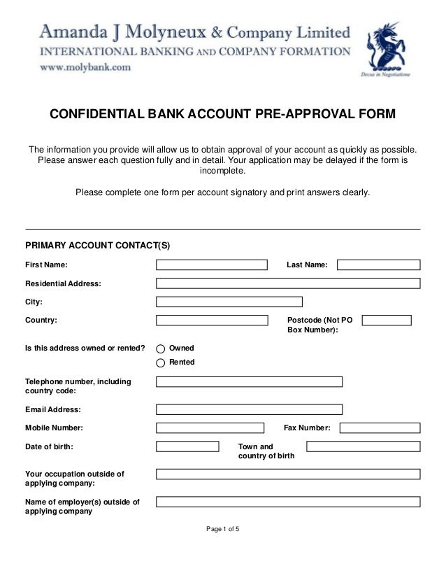 new corporate bank account pre approval form j form