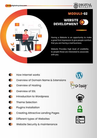 a
m
e a
m
e
WEBSITE
DEVELOPMENT
ame
ame
ame
ame
ame
ame
ame
ame
ame
ame
ame
ame
ame
ame
ame
ame
ame
ame
ame
ame
How Internet works
Overview of Domain Name & Extensions
Overview of Hosting
Overview of SSL
Introduction to Wordpress
Theme Selection
Creating Attractive Landing Pages
Different types of Websites
Website Security & maintenance
Plugins Installation
Having a Website is an opportunity to make
a great ﬁrst impression & give people comfort,
that you are having a real business.
Website Provides high level of credibility
to people those are interested to associate
with you.
www.digitalmyclass.com
MODULE-02
 