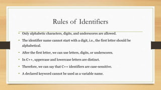 Rules of Identifiers
• Only alphabetic characters, digits, and underscores are allowed.
• The identifier name cannot start with a digit, i.e., the first letter should be
alphabetical.
• After the first letter, we can use letters, digits, or underscores.
• In C++, uppercase and lowercase letters are distinct.
• Therefore, we can say that C++ identifiers are case-sensitive.
• A declared keyword cannot be used as a variable name.
 