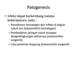 Patogenesis 
• Infeksi dapat berkembang melalui 
beberapacara, yaitu : 
– Penyebaran hematogen dari infeksi di bagian 
tubuh lain (osteomielitis hematogen) 
– Pembedahan jaringan tubuh terpapar 
denganlingkungan sekitarnya (osteomielitis 
esogenik) 
– Luka penetrasi langsung (osteomielitis esogenik) 
 