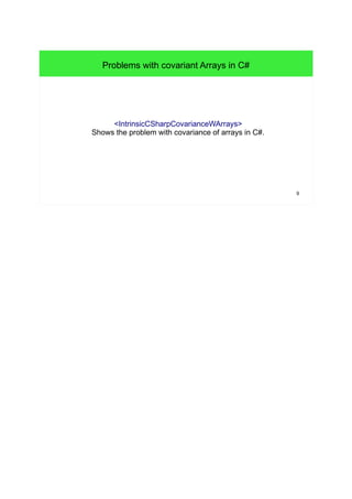9 
Problems with covariant Arrays in C# 
<IntrinsicCSharpCovarianceWArrays> 
Shows the problem with covariance of arrays in C#. 
 