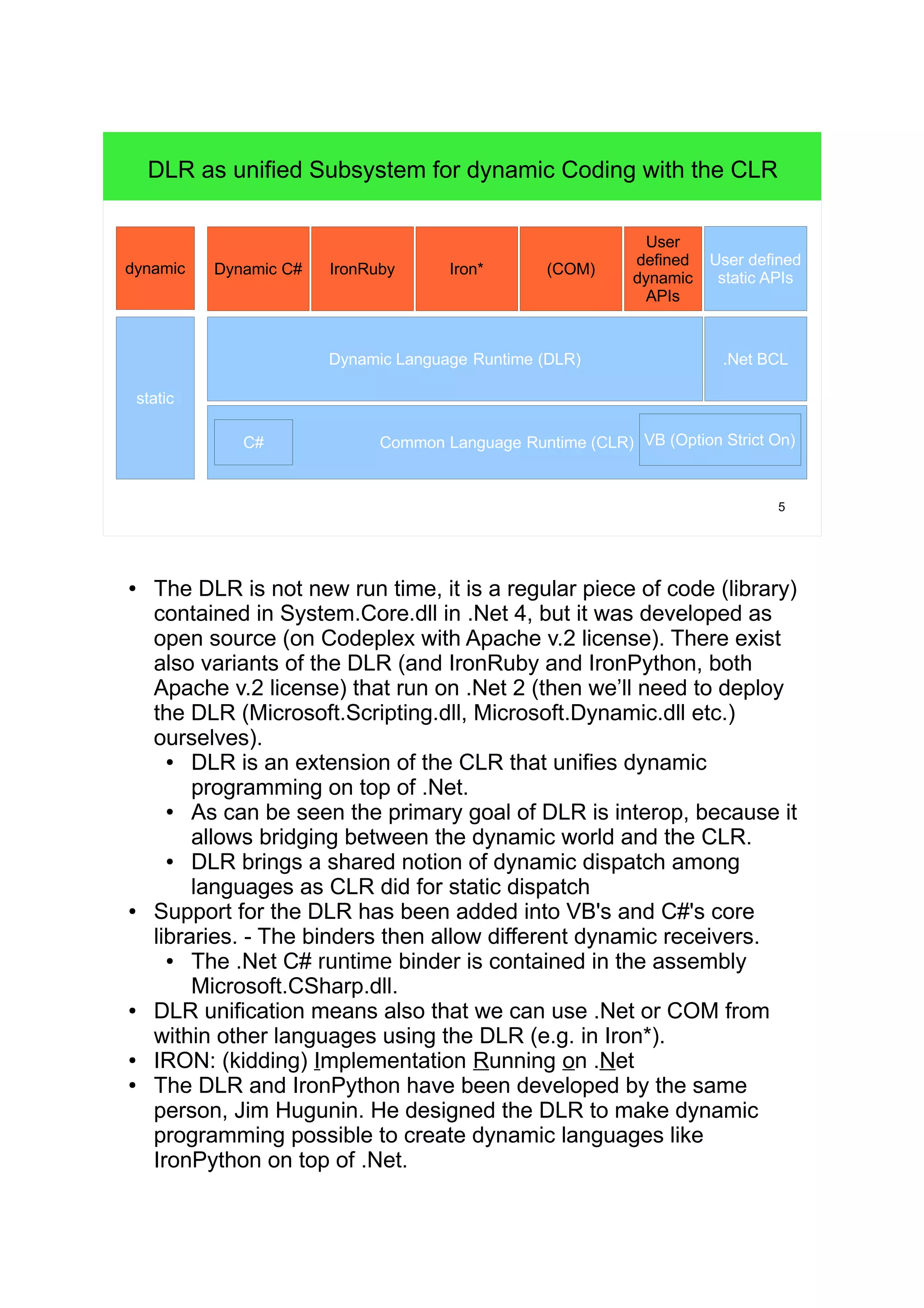 5 
DLR as unified Subsystem for dynamic Coding with the CLR 
Dynamic C# IronRuby Iron* (COM) 
User 
defined 
dynamic 
APIs 
Dynamic Language Runtime (DLR) .Net BCL 
C# Common Language Runtime (CLR) VB (Option Strict On) 
dynamic 
static 
User defined 
static APIs 
● The DLR is not new run time, it is a regular piece of code (library) 
contained in System.Core.dll in .Net 4, but it was developed as 
open source (on Codeplex with Apache v.2 license). There exist 
also variants of the DLR (and IronRuby and IronPython, both 
Apache v.2 license) that run on .Net 2 (then we’ll need to deploy 
the DLR (Microsoft.Scripting.dll, Microsoft.Dynamic.dll etc.) 
ourselves). 
● DLR is an extension of the CLR that unifies dynamic 
programming on top of .Net. 
● As can be seen the primary goal of DLR is interop, because it 
allows bridging between the dynamic world and the CLR. 
● DLR brings a shared notion of dynamic dispatch among 
languages as CLR did for static dispatch 
● Support for the DLR has been added into VB's and C#'s core 
libraries. - The binders then allow different dynamic receivers. 
● The .Net C# runtime binder is contained in the assembly 
Microsoft.CSharp.dll. 
● DLR unification means also that we can use .Net or COM from 
within other languages using the DLR (e.g. in Iron*). 
● IRON: (kidding) Implementation Running on .Net 
● The DLR and IronPython have been developed by the same 
person, Jim Hugunin. He designed the DLR to make dynamic 
programming possible to create dynamic languages like 
IronPython on top of .Net. 
 