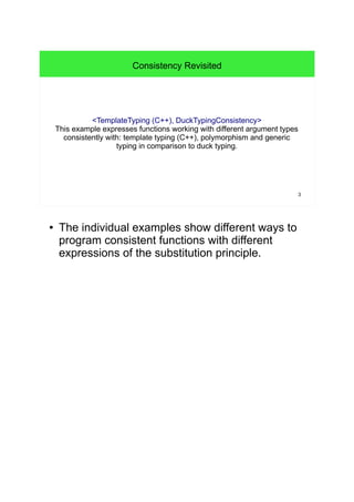 3 
Consistency Revisited 
<TemplateTyping (C++), DuckTypingConsistency> 
This example expresses functions working with different argument types 
consistently with: template typing (C++), polymorphism and generic 
typing in comparison to duck typing. 
● The individual examples show different ways to 
program consistent functions with different 
expressions of the substitution principle. 
 