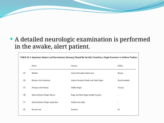  A detailed neurologic examination is performed
in the awake, alert patient.
 