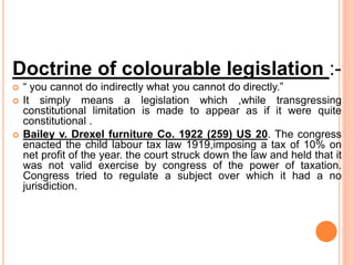 Doctrine of colourable legislation :-
 “ you cannot do indirectly what you cannot do directly.”
 It simply means a legis...