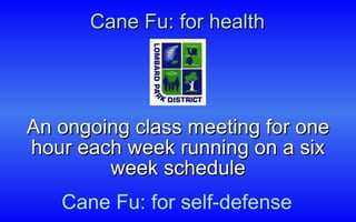 Cane Fu: for health An ongoing class meeting for one hour each week running on a six week schedule Cane Fu: for self-defense 