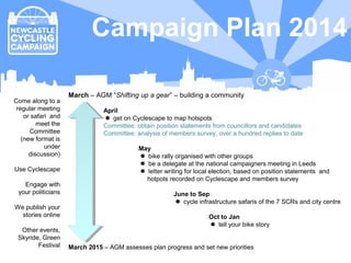 Campaign Plan 2014
March – AGM “Shifting up a gear” – building a community
April
 get on Cyclescape to map hotspots
Committee: obtain position statements from councillors and candidates
Committee: analysis of members survey, over a hundred replies to date
May
 bike rally organised with other groups
 be a delegate at the national campaigners meeting in Leeds
 letter writing for local election, based on position statements and
hotpots recorded on Cyclescape and members survey
June to Sep
 cycle infrastructure safaris of the 7 SCRs and city centre
Oct to Jan
 tell your bike story
March 2015 – AGM assesses plan progress and set new priorities
Come along to a
regular meeting
or safari and
meet the
Committee
(new format is
under
discussion)
Use Cyclescape
Engage with
your politicians
We publish your
stories online
Other events,
Skyride, Green
Festival
 