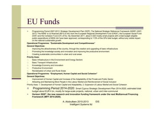 EU Funds
      Programming Period 2007-2013: Strategic Development Plan (SDP); The National Strategic Reference Framework (NSRF) 2007-
       2013; The NSRF is co-financed (€612,4 mln) from the European Regional Development Fund (ERDF), the European Social Fund
       (ESF) and the Cohesion Fund (CF) of EU. By December 2011, about 3.420 mostly small projects with a total budget (eligible
       public expenditure) of €830 mln have been approved, corresponding to 113% of the OPs total budget, without any visible impact
       on the national sustainable growth.
Operational Programme: “Sustainable Development and Competitiveness”
General Objectives:
1.     Improving the attractiveness of the country, through the creation and upgrading of basic infrastructure
2.     Promoting the knowledge society and innovation and improving the productive environment
3.     Creating sustainable communities in urban and rural areas
Priority Axes:
1)     Basic Infrastructure in the Environment and Energy Sectors
2)     Basic Transport Infrastructure
3)     Knowledge Economy and Innovation
4)     Productive Environment
5)     Revitalisation of Urban and Rural Areas
Operational Programme: “Employment, Human Capital and Social Cohesion”
General Objectives:
1.     Improvement of Human Capital and Increase of the Adaptability of the Private and Public Sector
2.     Attracting and Maintaining More People in the Labour Market and Reinforcement of Social Inclusion
Priority Axes: 1. Development of Human Capital and Adaptability; 2. Expansion of Labour Market and Social Cohesion

     Programming Period 2014-2020: Smart Cyprus Strategic Development Plan 2014-2020, estimated total
     budget about EUR 4 bn, mostly for large-scale projects, national, urban and inter-communal
    Horizon 2020", the new research and innovation funding framework under the next Multiannual Financing
     Framework (MFF 2014-2020).

                                         A. Abdoullaev 2010-2013              EIS
                                               Intelligent Systems ltd
 