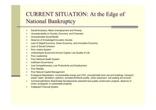 CURRENT SITUATION: At the Edge of
National Bankruptcy
   Social Exclusion, Mass Unemployment and Poverty
   Unsustainability (in Society, Economy, and Finances)
   Unsustainable Social Model
   Absence of Knowledge/Innovation Society
   Lack of Digital Economy, Green Economy, and Innovation Economy
   Lack of Social Cohesion
   Poor Justice System
   Undeveloped Social and Human Capital, Low Quality of Life
   Poor Leadership
   Poor National Health System
   Inefficient Governance
   Low Competitiveness, Low Productivity and Employment
   Poor Mobility
   Poor Natural Capital Management
   Ecological Degradation: nonrenewable energy and CO2, unsustainable land use and buildings, transport,
    waste, water, sanitation, pollution, air/water/soil/food quality, urban expansion, soil sealing and erosion
   Commercial/Inferior Real Estate Developments (standard low-quality construction projects, absence of
    smart, ecological, or sustainable projects)
   Collapsed Financial System
 