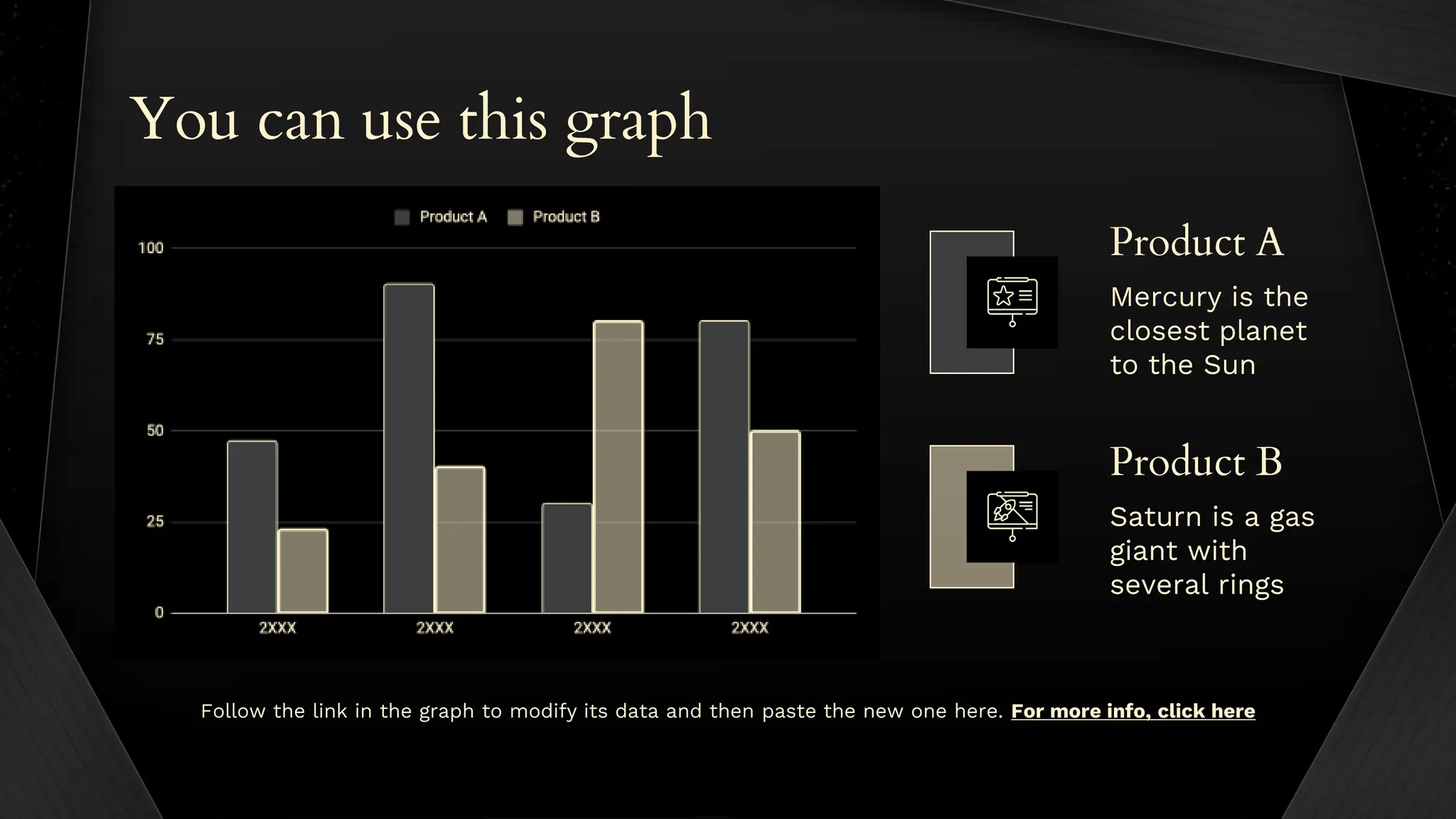 You can use this graph
Follow the link in the graph to modify its data and then paste the new one here. For more info, click here
Mercury is the
closest planet
to the Sun
Saturn is a gas
giant with
several rings
Product A
Product B
 