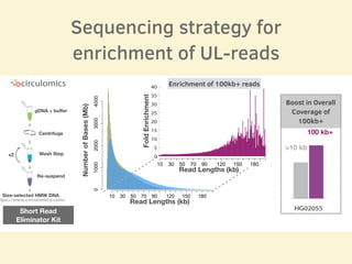 Sequencing strategy for
enrichment of UL-reads
ttps://www.circulomics.com/
Centrifuge
Wash Step
Re-suspend
Size-selected HMW DNA
gDNA + buﬀer
x2
Short Read
Eliminator Kit
Read Lengths (kb)
NumberofBases(Mb)
FoldEnrichment
0
5
10
15
20
25
30
35
40
0 10 20 30 40 50 60 70 80 90 100 110 120 130 140 150 160 170 180 190 200
Read Lengths (kb)
Enrichment of 100kb+ reads
0
5
10
15
20
HG020HG02055HG01243HG01109HG00733GM24385GM24149GM24143
Coverage
>10 kb
100 kb+
Boost in Overall
Coverage of
100kb+
 