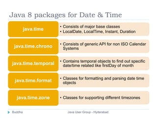 Java 8 packages for Date & Time 
• Consists of major base classes 
• LocalDate, LocalTime, Instant, Duration 
java.time 
• Consists of generic API for non ISO Calendar 
Systems java.time.chrono 
• Contains temporal objects to find out specific 
date/time related like firstDay of month java.time.temporal 
• Classes for formatting and parsing date time 
objects java.time.format 
java.time.zone • Classes for supporting different timezones 
Buddha Java User Group - Hyderabad 
 