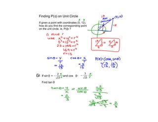 Finding P( ) on Unit Circle
If given a point with coordinates (5, 12),
how do you find the corresponding point
on the unit circle, ie, P( ) ?




  If sin   =         and cos    =

  Find tan
 