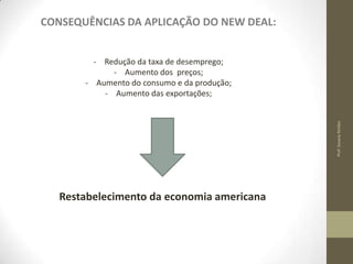 CONSEQUÊNCIAS DA APLICAÇÃO DO NEW DEAL:

Prof. Susana Simões

- Redução da taxa de desemprego;
- Aumento dos preços;
- Aumento do consumo e da produção;
- Aumento das exportações;

Restabelecimento da economia americana

 
