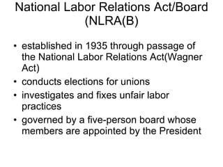 National Labor Relations Act/Board (NLRA(B) established in 1935 through passage of the National Labor Relations Act(Wagner Act) conducts elections for unions investigates and fixes unfair labor practices governed by a five-person board whose members are appointed by the President 