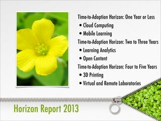 Horizon Report 2013
Time-to-Adoption Horizon: One Year or Less
•Cloud Computing
•Mobile Learning
Time-to-Adoption Horizon: Two to Three Years
•Learning Analytics
•Open Content
Time-to-Adoption Horizon: Four to Five Years
•3D Printing
•Virtual and Remote Laboratories
 