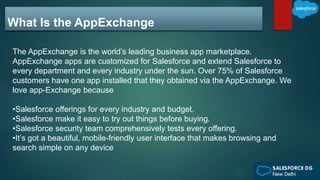 What Is the AppExchange
The AppExchange is the world’s leading business app marketplace.
AppExchange apps are customized for Salesforce and extend Salesforce to
every department and every industry under the sun. Over 75% of Salesforce
customers have one app installed that they obtained via the AppExchange. We
love app-Exchange because
•Salesforce offerings for every industry and budget.
•Salesforce make it easy to try out things before buying.
•Salesforce security team comprehensively tests every offering.
•It’s got a beautiful, mobile-friendly user interface that makes browsing and
search simple on any device
 