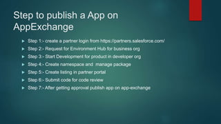 Step to publish a App on
AppExchange
 Step 1:- create a partner login from https://partners.salesforce.com/
 Step 2:- Request for Environment Hub for business org
 Step 3:- Start Development for product in developer org
 Step 4:- Create namespace and manage package
 Step 5:- Create listing in partner portal
 Step 6:- Submit code for code review
 Step 7:- After getting approval publish app on app-exchange
 