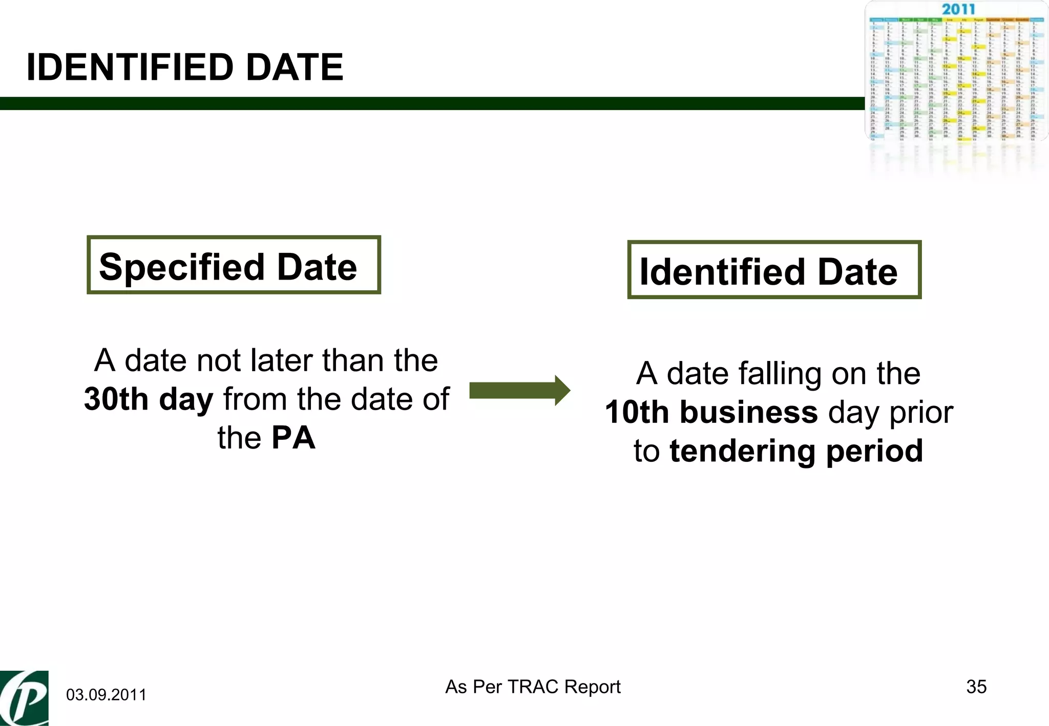 IDENTIFIED DATE 03.09.2011 Specified Date Identified Date A date falling on the  10th business  day prior to  tendering period A date not later than the  30th day  from the date of the  PA As Per TRAC Report 