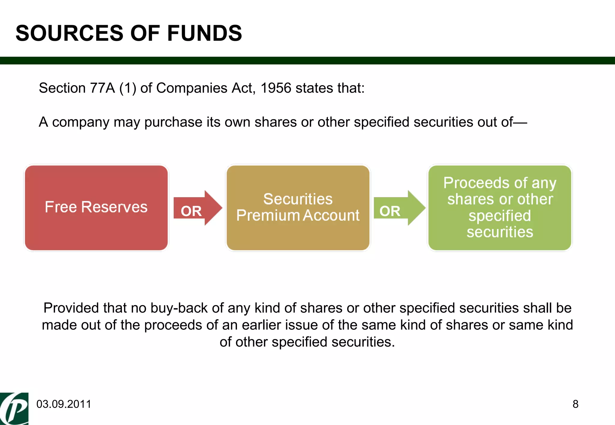 SOURCES OF FUNDS 03.09.2011 Provided that no buy-back of any kind of shares or other specified securities shall be made out of the proceeds of an earlier issue of the same kind of shares or same kind of other specified securities. Section 77A (1) of Companies Act, 1956 states that: A company may purchase its own shares or other specified securities out of— OR OR 